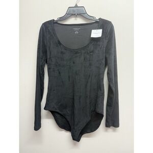 NWT American Eagle Women's Sz LG Black Velvet Scoop Neck Long Sleeve Bodysuit